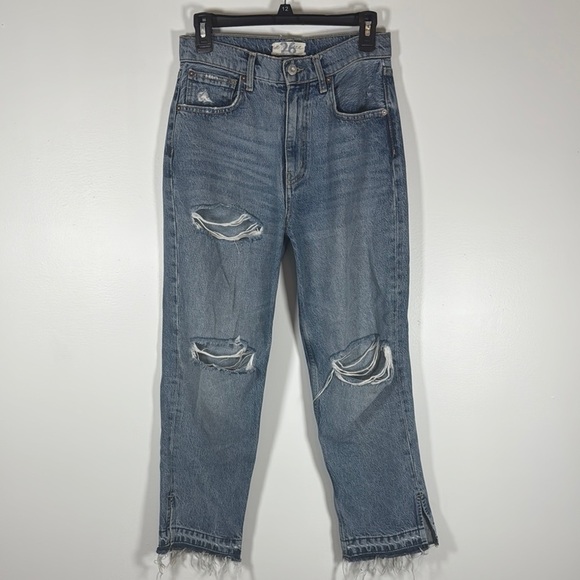 Free People Jeans 26 Denim Lita Straight Leg Fray Distressed Ripped OB933053 - Picture 1 of 7